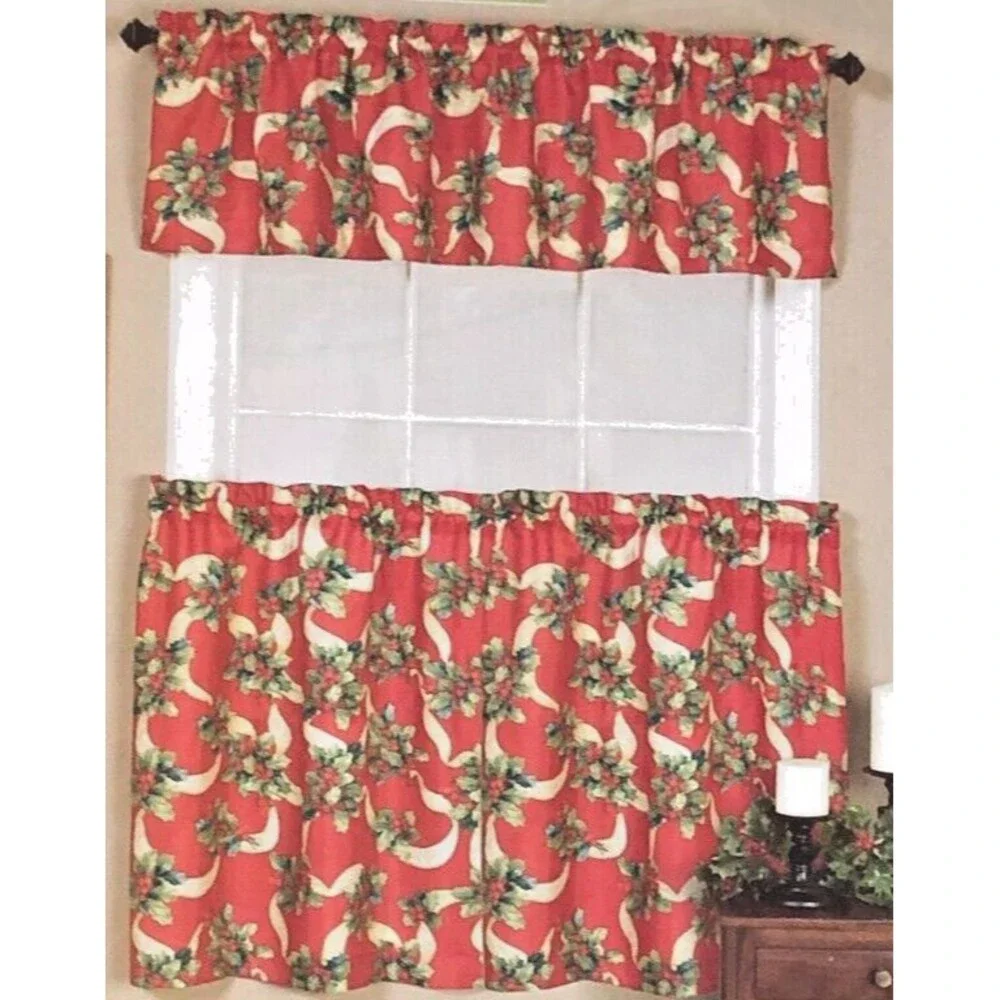 Christmas Holly Ribbons Curtains and Valance Printed Red Holiday 3 Piece Set